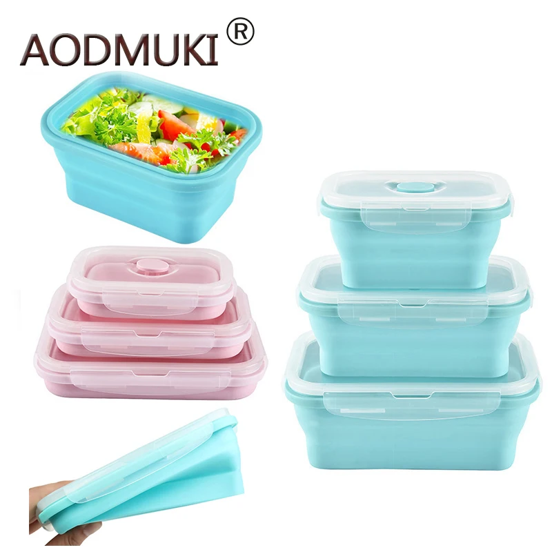 

4pcs/set Silicone Collapsible Lunch Box Food Storage Container Bento BPA Free Microwavable Portable Picnic Camping Rectangle Box
