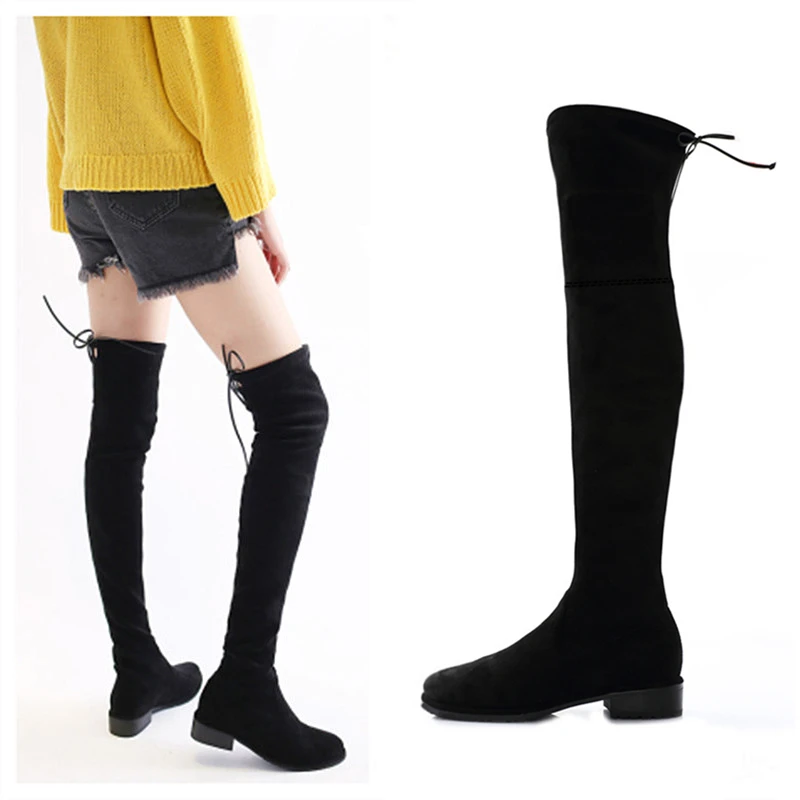 Women Winter Boots Stretch Slim Over Knee Boots With Plush Black Thigh High Shoes Woman Round Toe Winter Black