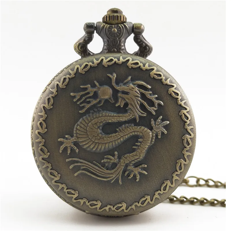 

Retro Bronze Chinese Dragon Phoenix Pendant Quartz Pocket Watch Necklace Long Chain Clock Men's And Women's Gift Fob Watches