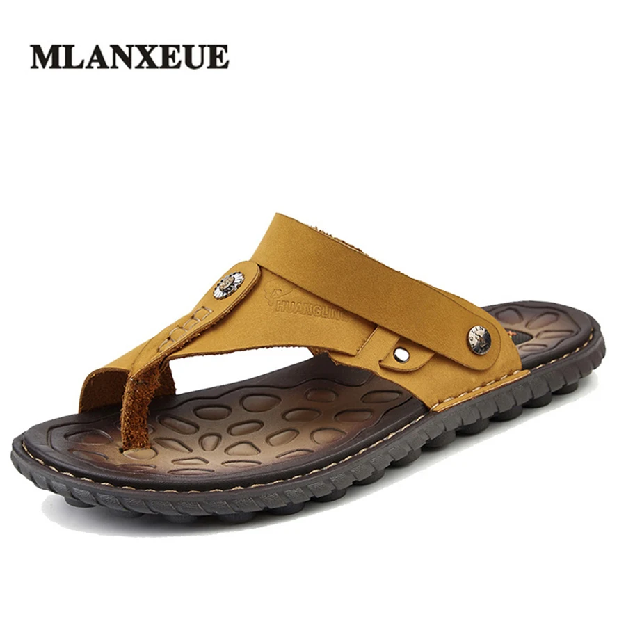 MLANXEUE Leather Massage Men Sandals Men Summer Shoes Clip Toe Slipers Male Breathable Beach