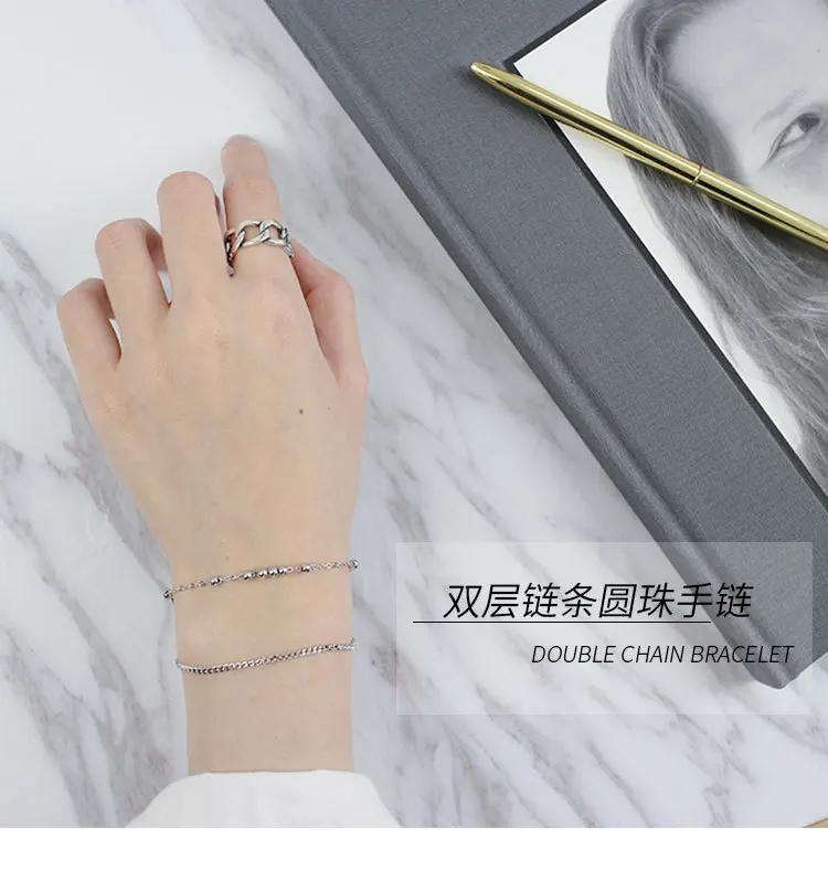 Korean Style S925 silver double-deck Tassel Round Bead Charm bracelet Bangle female chain Silver ornaments Woman Lady Gift
