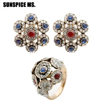 

Classic Round Crystal Earring Ring Jewelry Sets Antique Gold Color Rhinestone Stud Earrings Bohemia Ethnic Wedding Jewelry 2018
