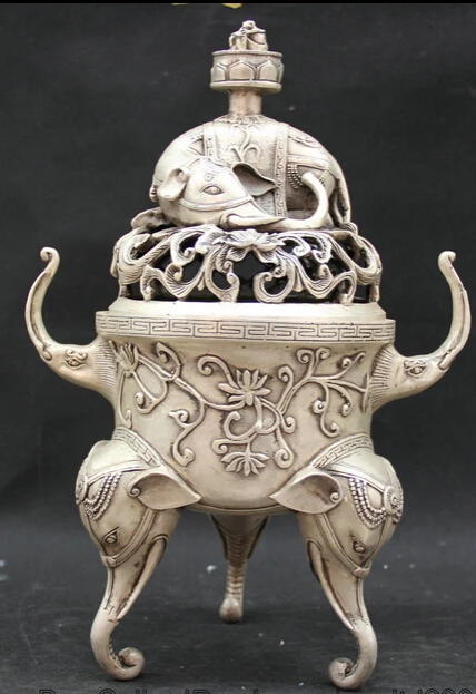 

JP S0524 16" Marked Chinese Dynasty Silver 3 Foot Elephant Head Incense Burner Censer