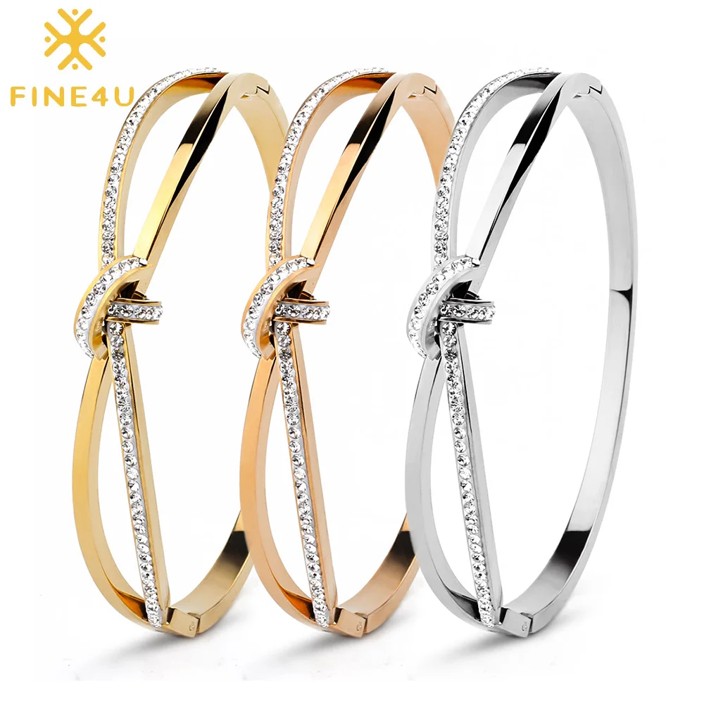 

FINE4U B151 Stainless Steel Charm Cuff Bracelet Bangle For Men Women Luxury Crystal Wristband Wedding Party Jewelry