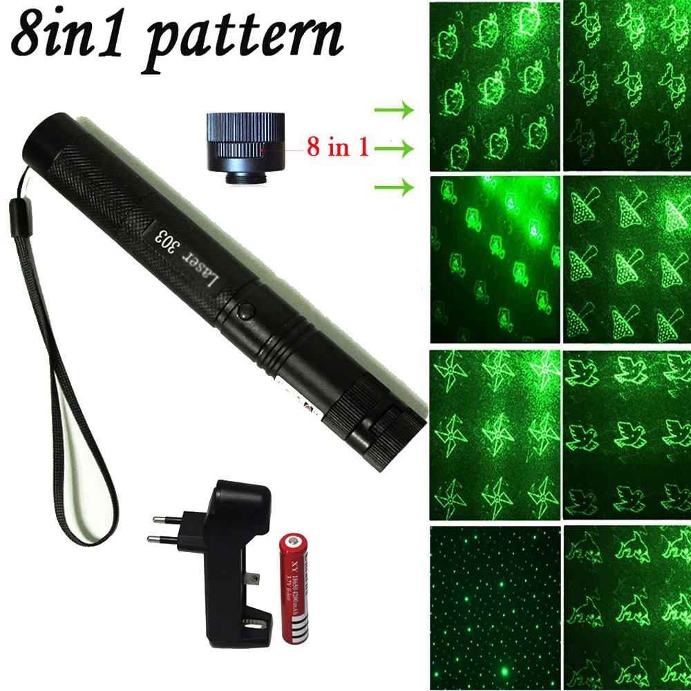 

8 in1 High Power Green Laser Pointer 303 532nm 5mW Adjustable Focus Mighty Stars Head lazer Powerful light burning Lasers