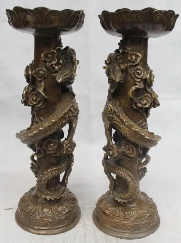 

song voge gem S6418 15"Chinese Folk Pure Bronze excellent Lucky Dragon candelabrum Statue