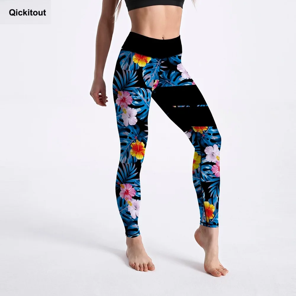 

Qickitout Sexy Women's Leggings Patchwork Blue Floral Pattern Printed Legging High Waist Ankle Length Casual Workout Pants XS-XL