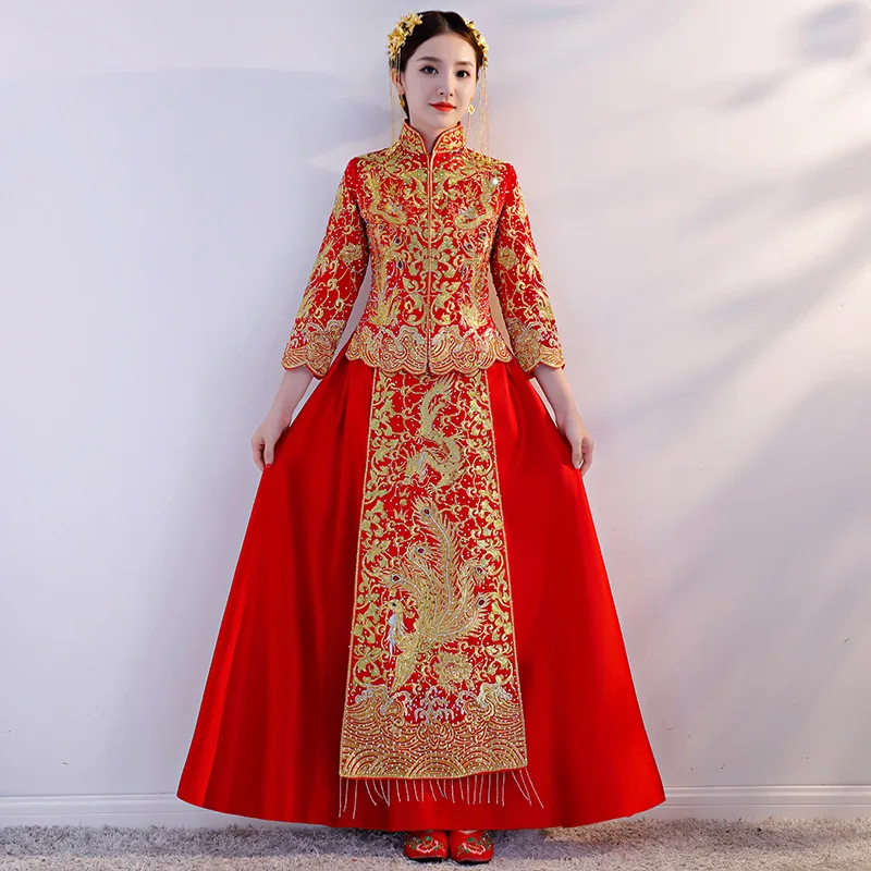 Традиционный китайский Qipao Азиатский для женщин феникс свадебное платье со стразами Высокое качество невесты свадебное Ципао костюм большой разме
