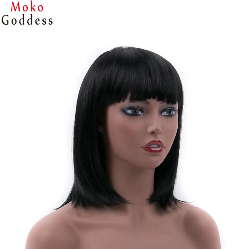 

Mokogoddess Short Synthetic Wigs For Women Yaki Straight Hair Black Cosplay Wig With Bangs Ladies Wigs Bob Hairstyle