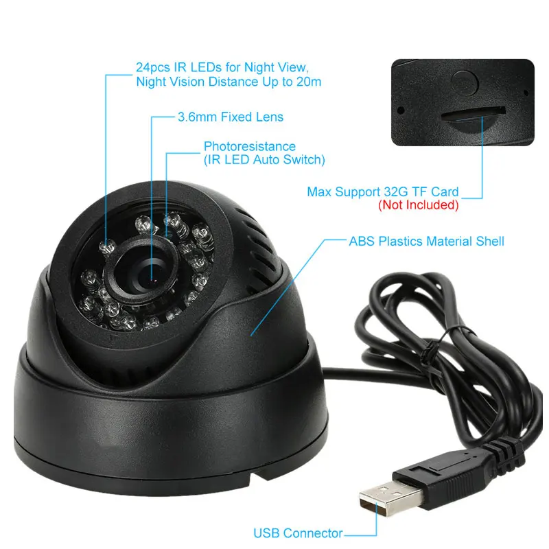 Безопасность USB купольная камера системы видеонаблюдения камера с DVR рекордер Ночного Видения CCTV DVR петля/звук рекордер поддержка 32GB TF карта