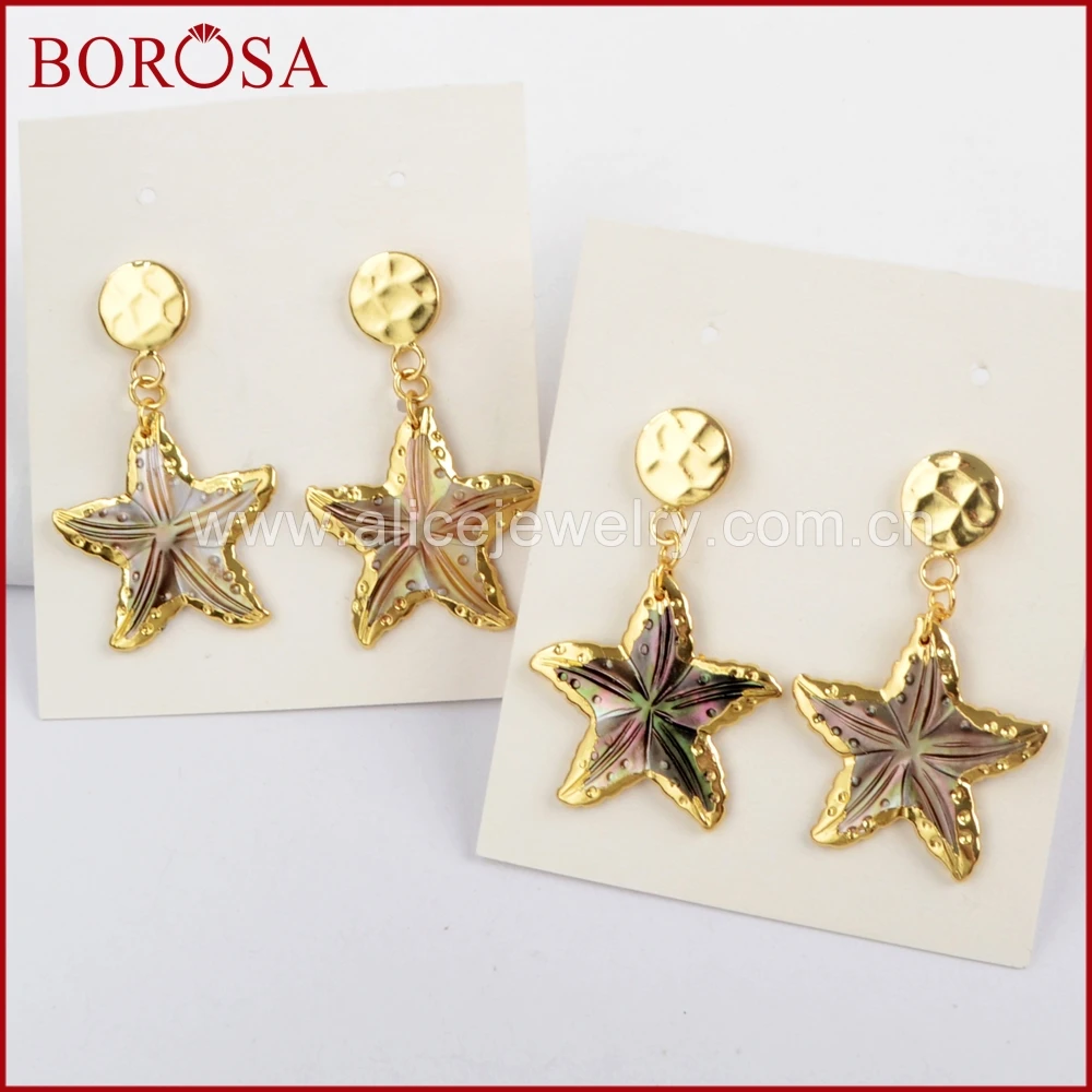 

BOROSA Jewelry 5Pairs Gold Color Rainbow Natural Shell Starfish Shape With Gold Coin Dangle/Drop Earrings for Women Girl G1628-E
