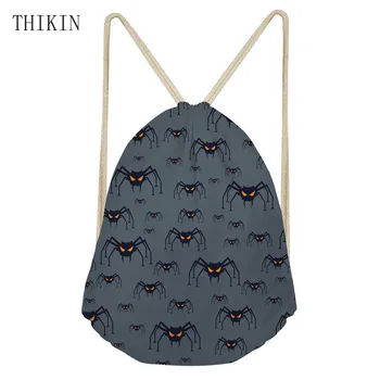 

THIKIN School Backpacks Women Spider Pattern Draw-string Bag Students Halloween Skull Sports Swimming Unisex Beach Bolsos Teen