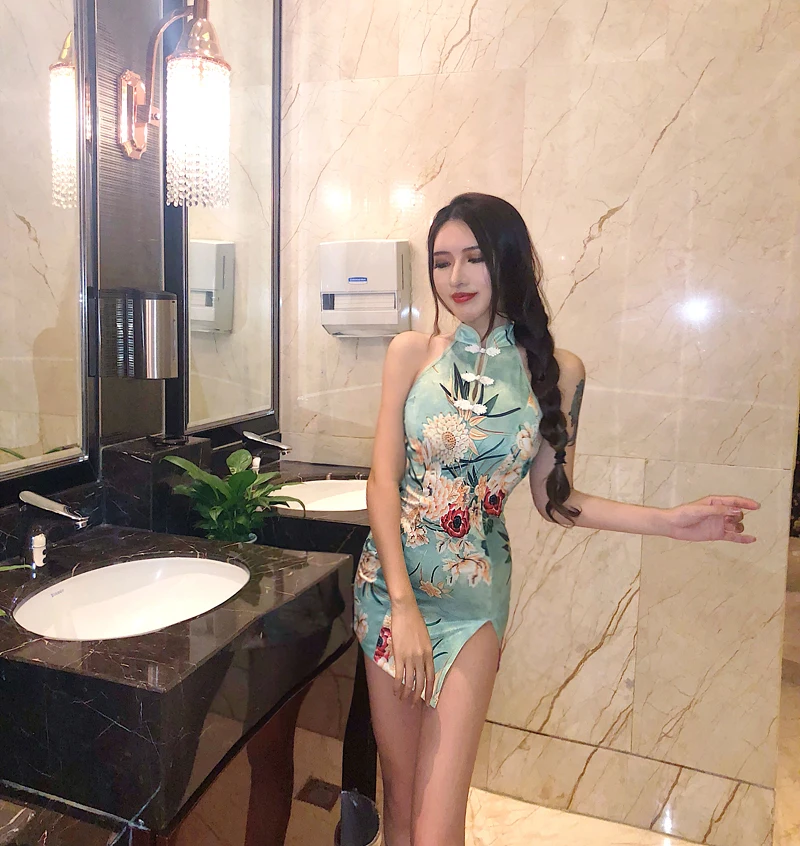 

chinese satin dress traditional silk dress Sexy short erotic club wear nightwear dress floral cheongsam sexy robe orientale