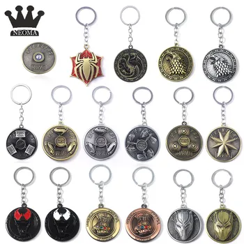 Fashion Avengers Game of Thrones Round Keychain Pendants Vintage Wolf Head Thor Hammer Thanos Mask Figure Rotate Toys Chain Men