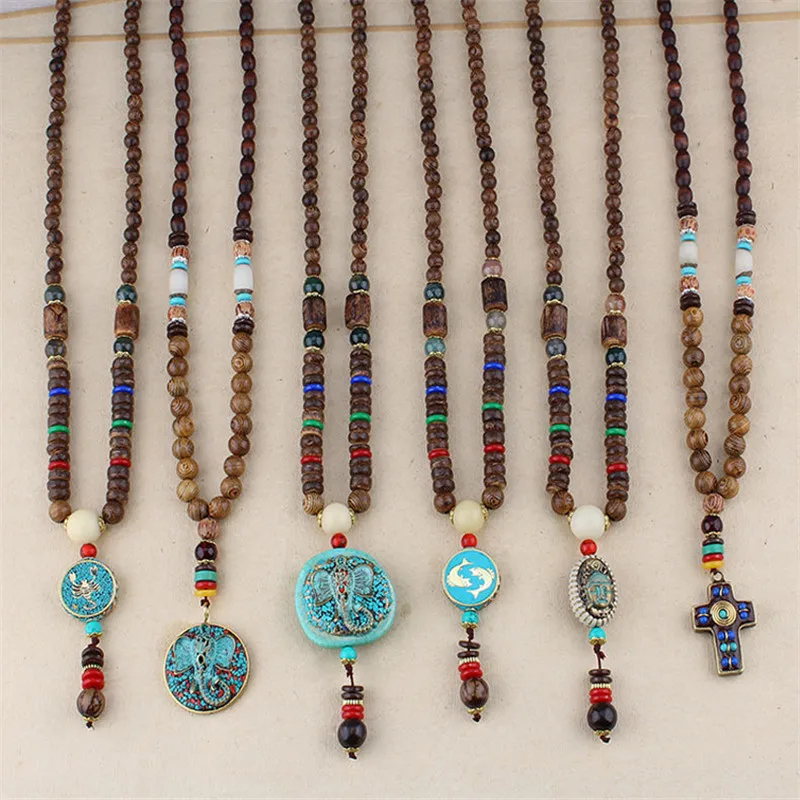 

Handmade Ethnic Necklace Indian Bohemian Nepal Mala Buddhist Wood Beads Tibetan Fish Pendant Long Statement Necklaces Women Men
