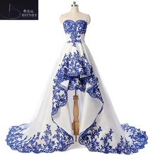 Элегантное Белое Атласное свадебное платье с синим кружевом милое платье трапециевидной формы