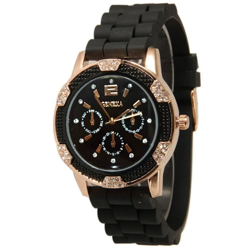 

Black&White Luxury Women's Rose Gold Buckle Chronograph Time Silicone Crystal Rhinestones Bezel Sports Watch Relogio Feminino