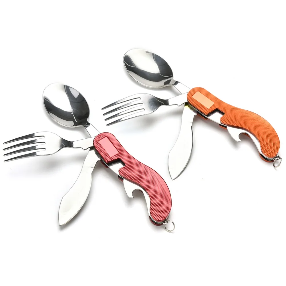 1 uniunid 3in1 portátil Multi bolsillo plegable cuchillo tenedor cuchara Camping senderismo Exterior Herramientas cubertería rojo oro colores al por mayor