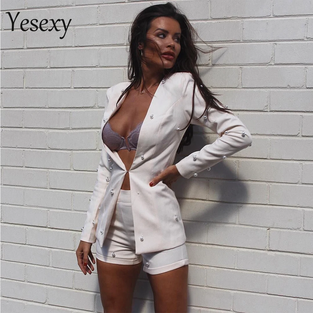 Yesexy, женский осенний зимний сексуальный костюм с длинным рукавом и пуговицами, комплект из двух предметов, однотонный элегантный комбинезон VR8550