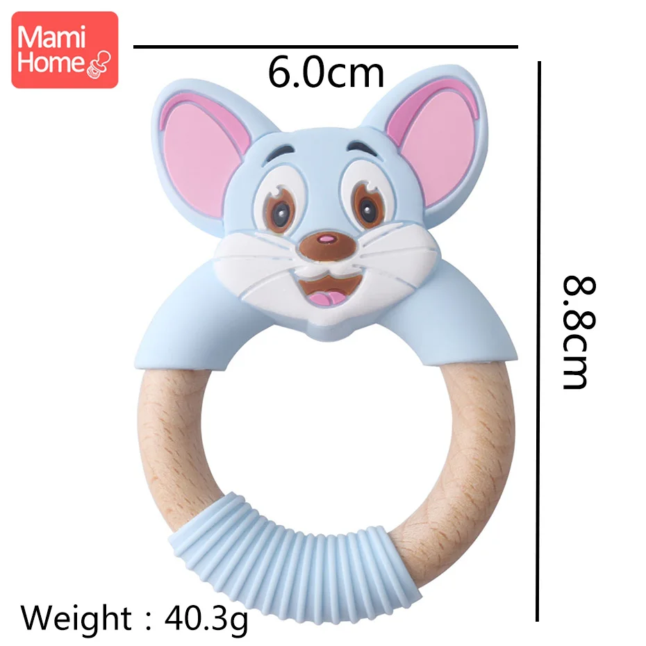 Mamihome Baby Wooden Teether Animal Ring Silicone Rodent Beech Wooden Blank Rabbit Ears baby products Toys Pacifier Pendant Gift - Цвет: Blue Mouse Ring