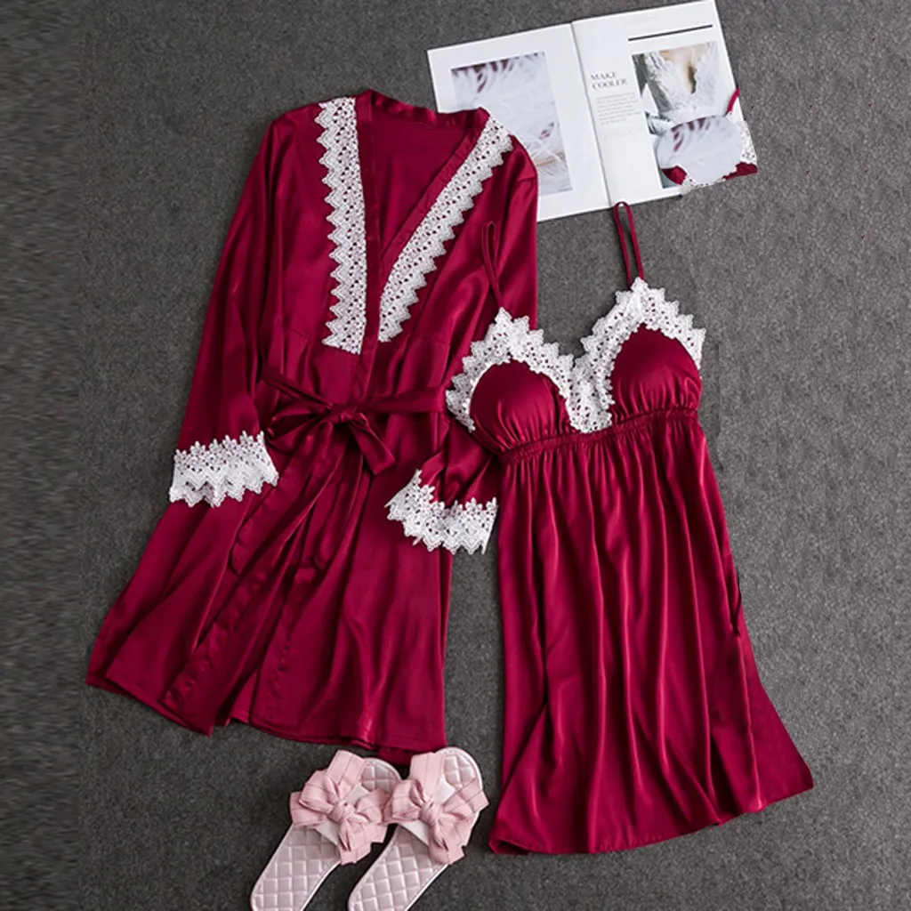

Women Silk Lace Robe Dress Babydoll Nightwear Set Sexy Sleepwear Lace Pigiama Donna White Lace Nuisette Femme De Nuit
