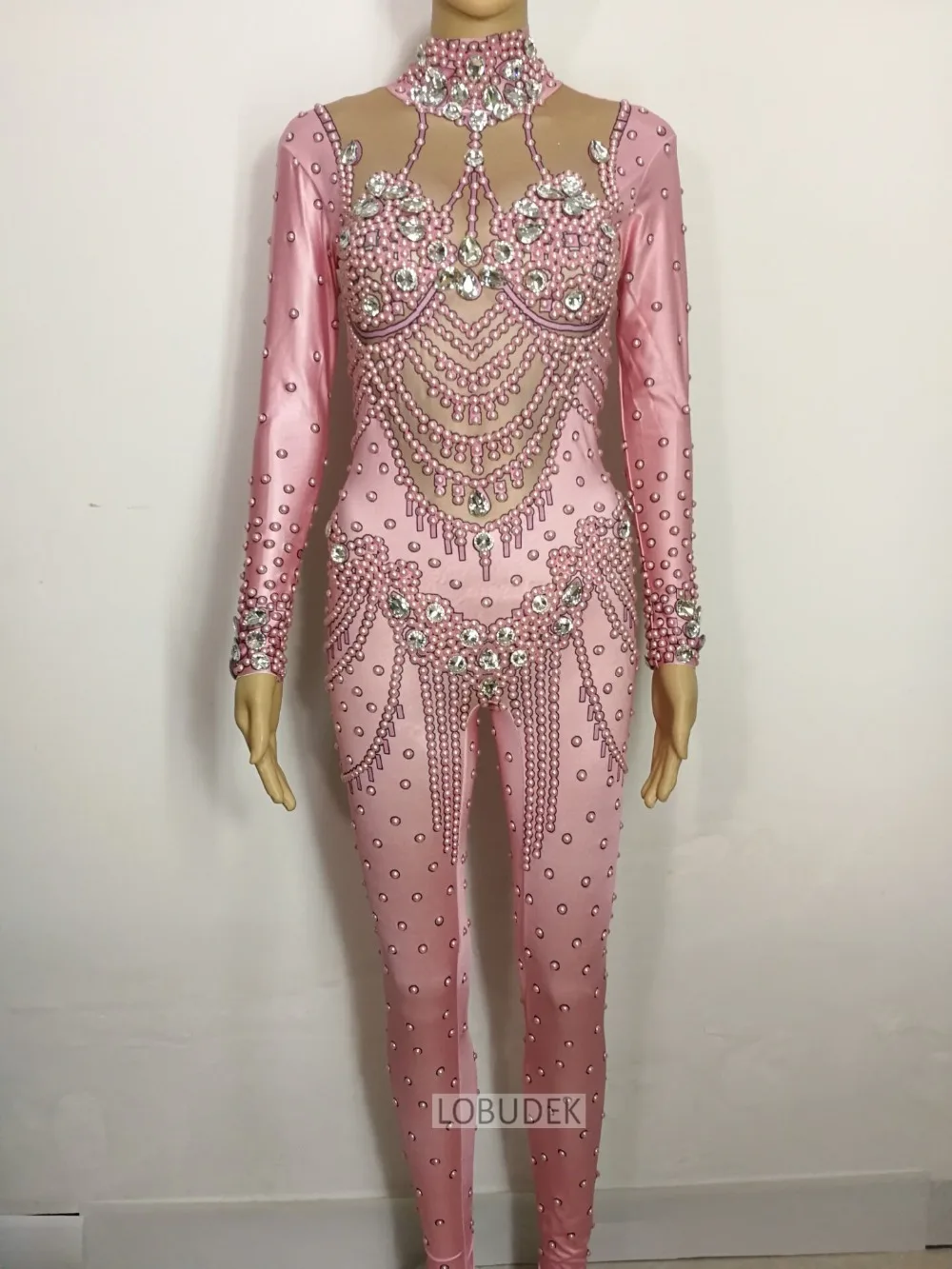 Розовый жемчуг кристаллы комбинезон Bling стекло Алмаз тощий эластичное боди бар певица сценический костюм костюмы для вечеринки в честь Дня Рождения