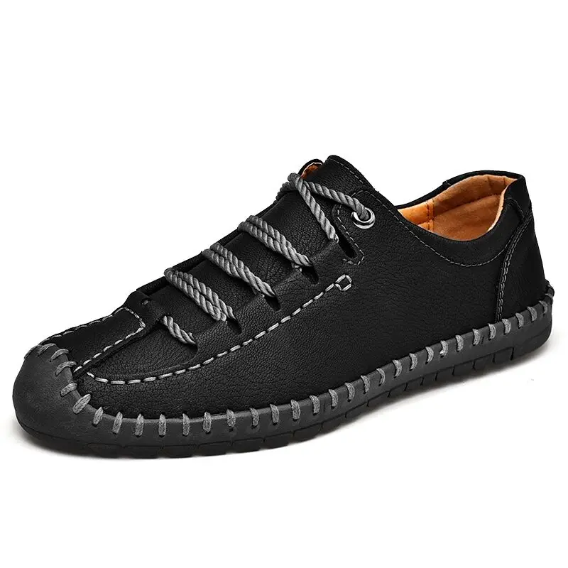 Мужские кожаные мокасины ручной работы Vancat, цвет хаки, дышащие лоферы на плоской подошве, обувь для улицы, повседневная обувь большого размера 38–48, весна и лето - Цвет: black