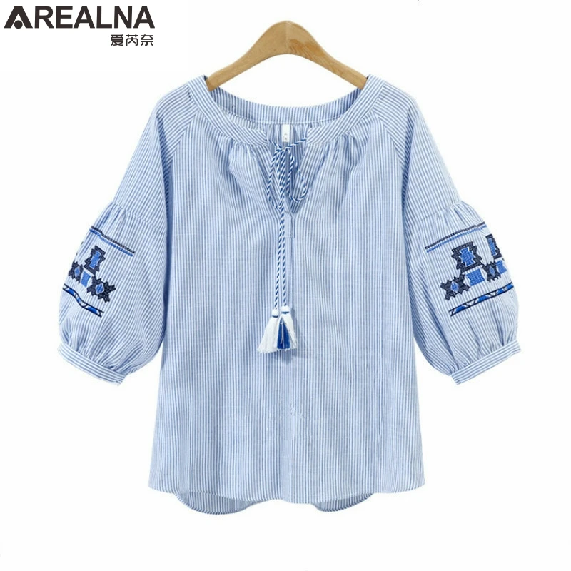 

2018 summer Striped Linen Embroidery floral blouse women Vintage Casual Shirt womens tops and blouses Blusas Plus Size XL-5XL