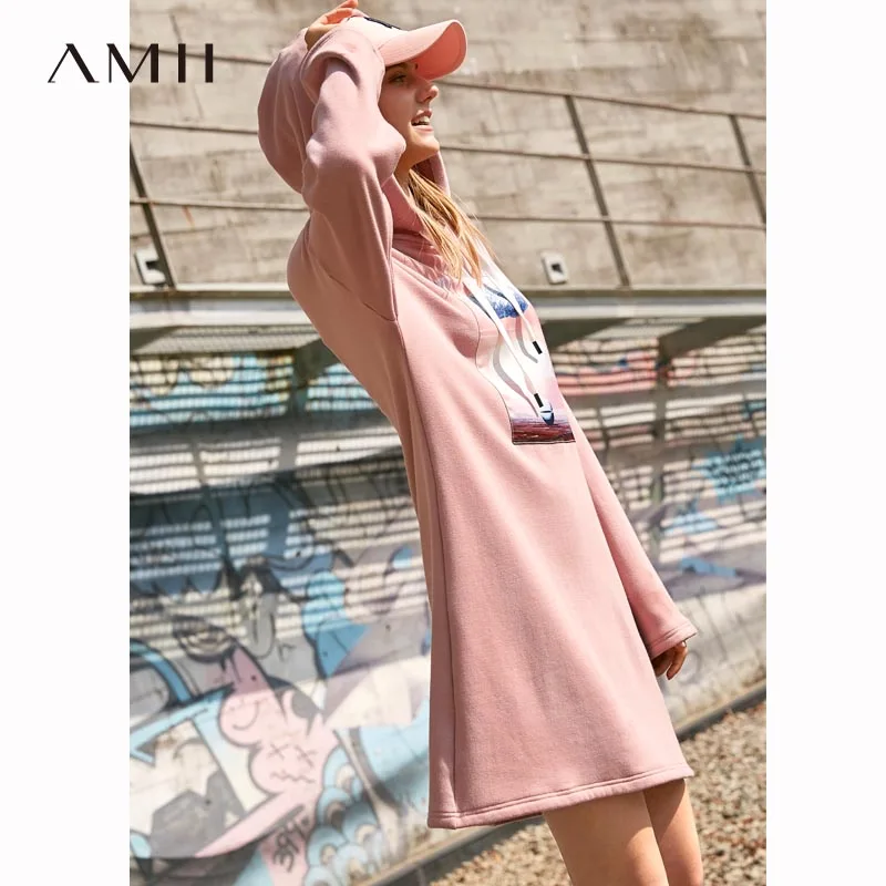 

Amii Minimalist Women Hooded Dress Autumn Winter 2018 Preppy Style Appliques Loose Printed Warm Sweatshirt Dress