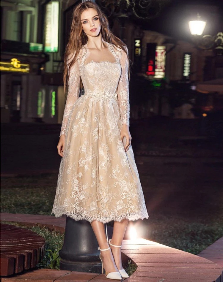 robe de soriee Champagne Tea Length Lace Prom Dresses With Jacket 2017
