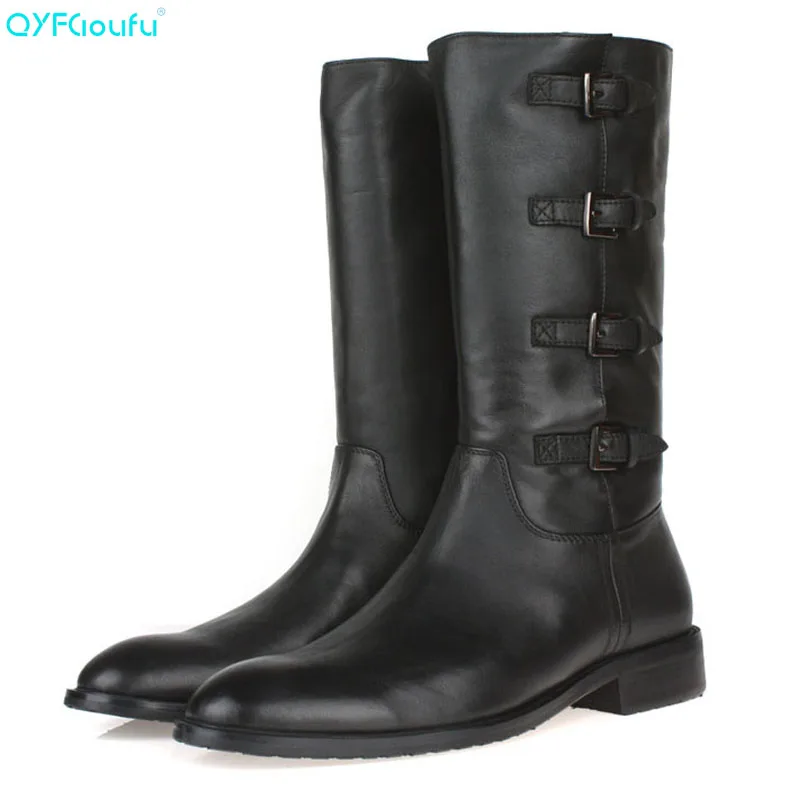 Qualität Herren Mode Echtes Schnalle Stiefel Vorwärts Lange Zurück Leder Hohe Schwarzes Schwarz Männer Mann Martin Qyfcioufu Egqw7K5Hy