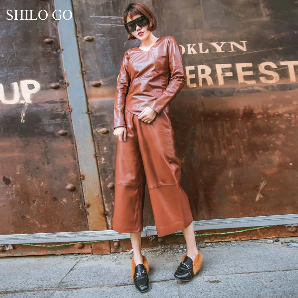 

SHILO GO Leather Pants Womens Summer Fashion sheepskin genuine leather Pants high waist concise brown wide leg pants