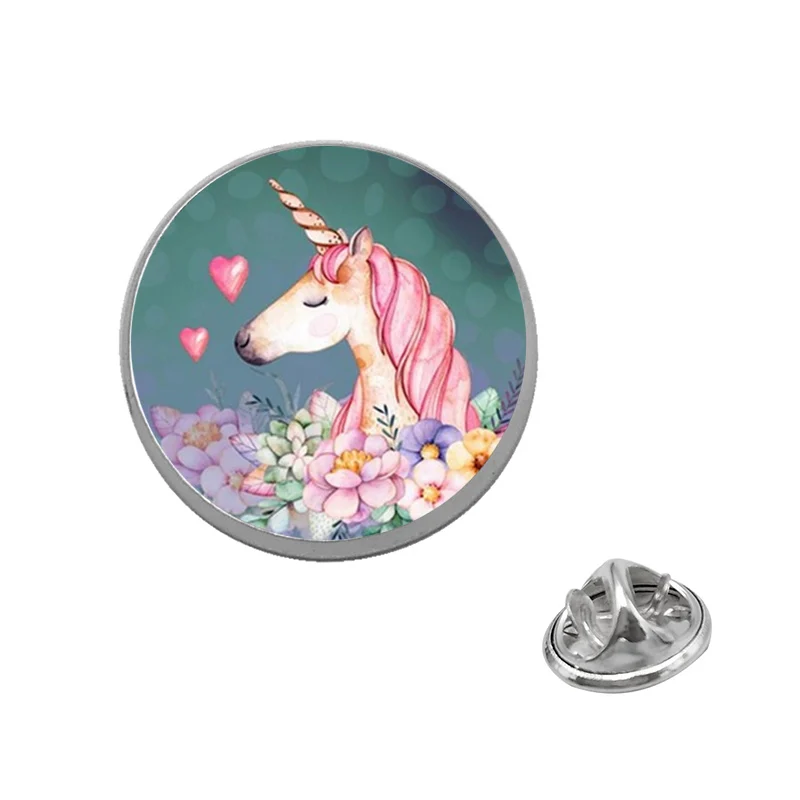 

Suteyi Cute Unicorn Pins Brooches Glass Cabochon Cartoon Horse Animal Button Women Men New Arrival Jewelry