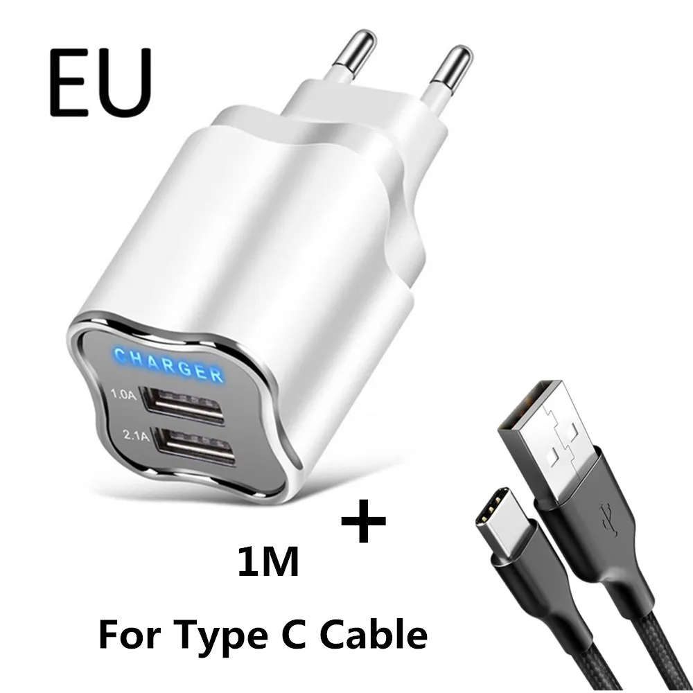 Настоящий 5 в 2.1A светодиодный USB зарядное устройство EU/USA 2 штекер хорошая зарядка для путешествий настенное зарядное устройство для мобильного телефона s для iphone ipad samsung Xiaomi huawei - Тип штекера: EU  Type C Cable