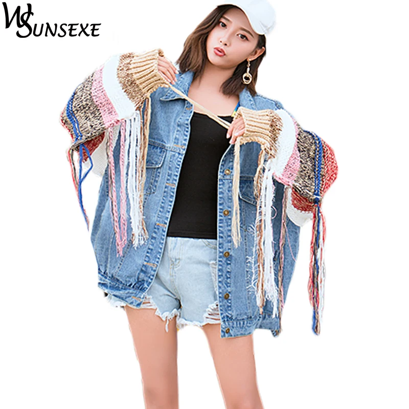 astounding  Knitted Bat Sleeves Patchwork Denim Jacket Coat Women Casual Streetwear Tassel Jackets 2018 Autumn 