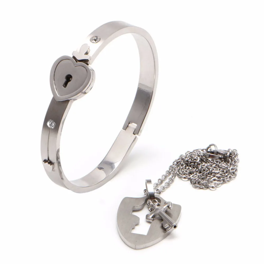 

JAVRICK 1 Set Trend Couple Titanium Steel Heart Bangle Bracelet & Key Pendant Necklace Love Sets Gift for Women Men