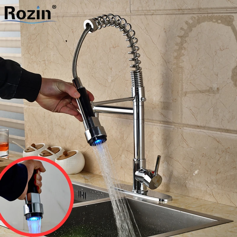 

Factory Direct Sale LED Light Hot & Cold Switch Kitchen Faucet Spring Kitchen Vessel Sink Water Tap Dual Spout Chrome Finish