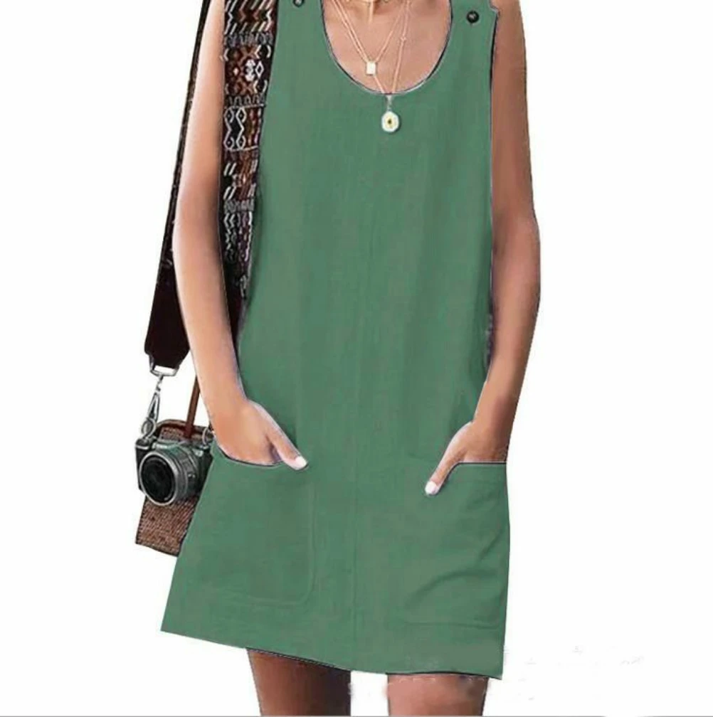Летнее женское платье Бохо Принт без рукавов Туника пляжное платье сарафан с карманами черное белое платье хлопок лен размера плюс 5XL - Цвет: Green