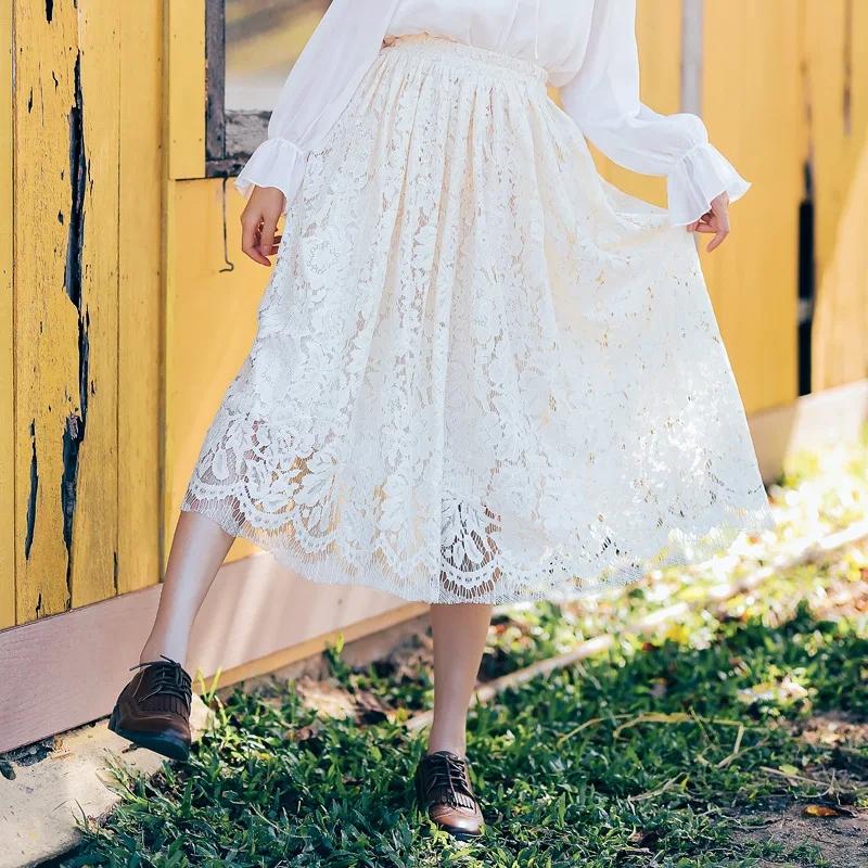 

Sweet Lace Women Pleated Skirt Cute Casual Princess Skirts Loose Large Size Elastic Waist Mori Girl Skirts Female Saias #8496