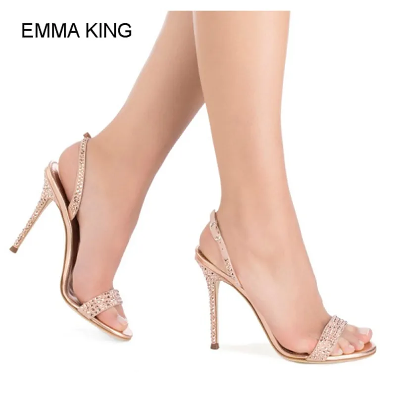 

EMMA KING New Style Crystal Rose Gold Elegant Women Sandals Back Strap Round Toe Thin High Heels Ladies Shoes For Party