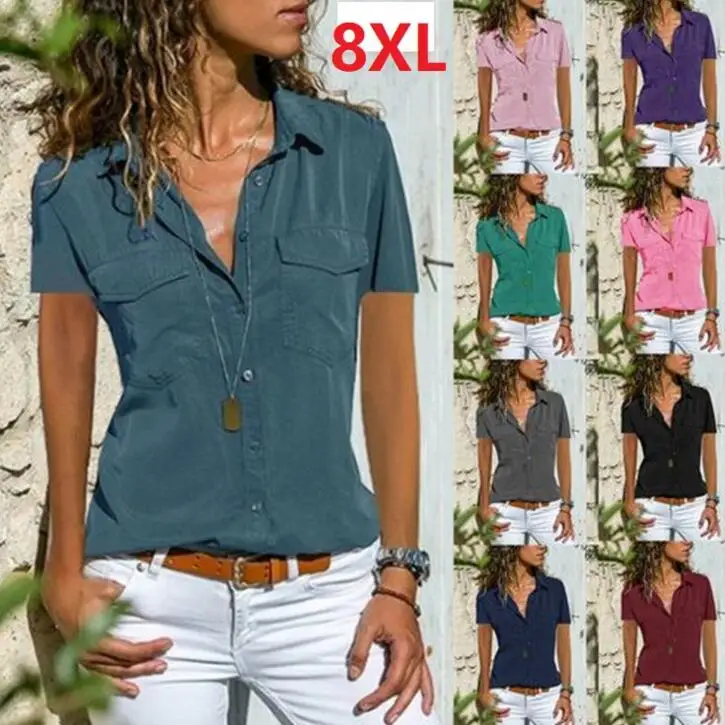 2019 Short Sleeve Chiffon Tops Women Blouses Ruffles Vintage Summer Button Elegant Plus Sizes Lady Pocket Casual Shirts Blousa 2019 Short Sleeve Chiffon Tops Women Blouses Ruffles Vintage Summer Button Elegant Plus Sizes Lady Pocket Casual Shirts Blousa