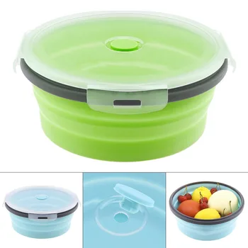 Boîte à déjeuner ronde pliante en Silicone, récipient alimentaire, bol Portable 350ML/500ML/800ML/1200ML, boîte à Bento deux couleurs 1
