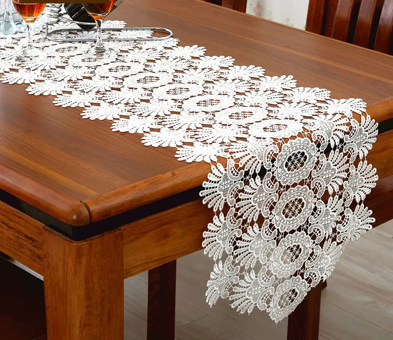 Embroidered Lace Table Runner TV Bench Stand End Table Cover Decoration 40cm x 50 70 90 150 180 220 250 280cm White