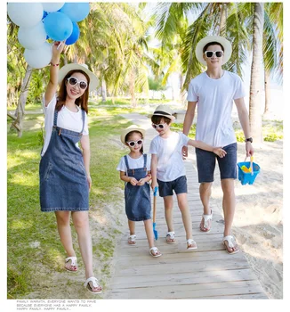 

Summer New Mother and Daughter White Short Sleeve T-shirt and Denim Skirts Dad and Son T-shirt and Shorts 2pcs Clothing Set