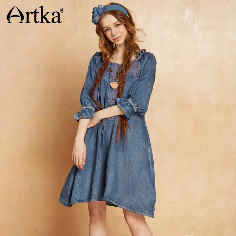 ARTKA 2018 الصيف جديد المرأة القطن الصلبة خمر الدنيم غسلها الخامس الرقبة فضفاض الخصر نفخة كم ألف خط اللباس LN10667C