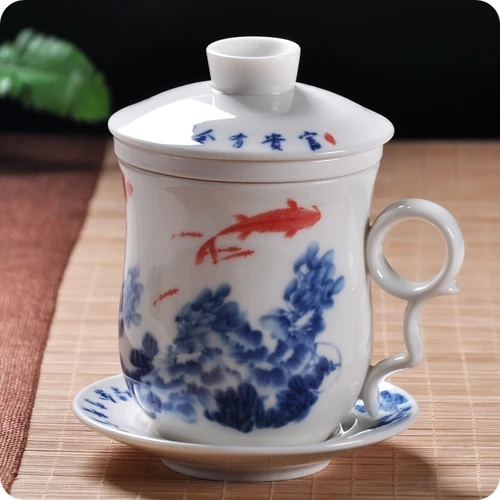 Цзиндэчжэнь керамический чайный набор ручная роспись синий и белый фарфор одна чашка с крышкой фильтр встреча в офисе чайная чашка - Цвет: 1pcs-8