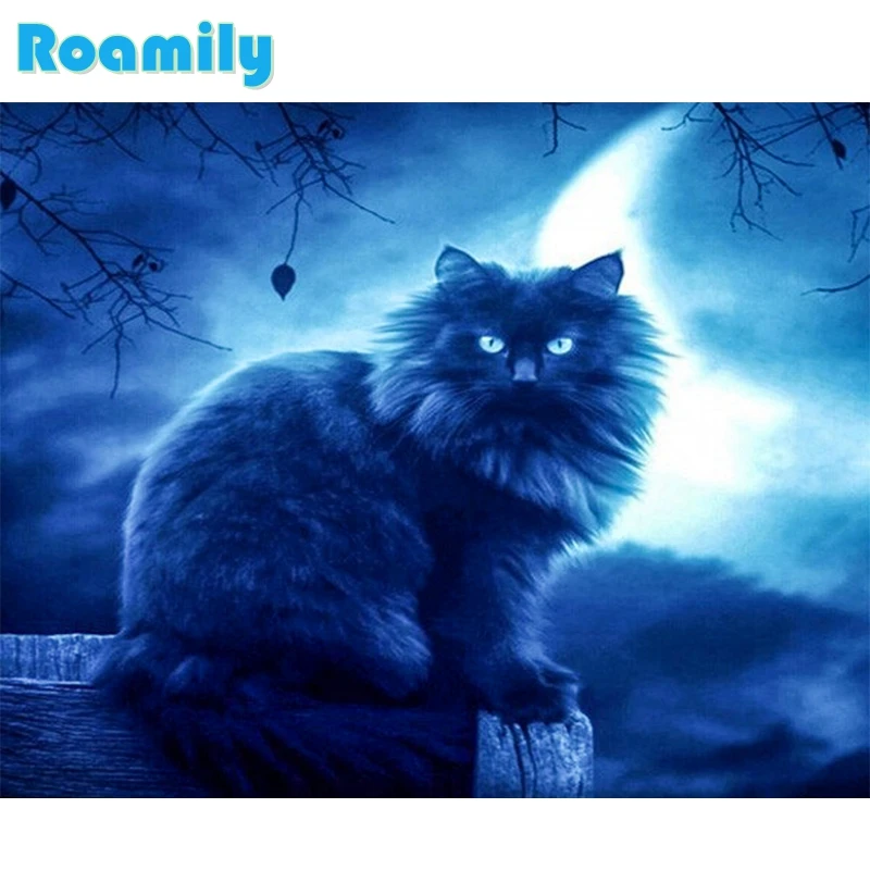 

5D Diy Diamond Painting,Cat In The Night with Moon,Embroidered with Rhinestones,Square Daimond Painting,Home Wall Decoration