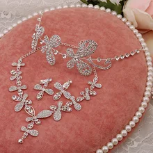 Горный хрусталь колье «Бабочка» Серьги повязки для волос из трех частей Свадебные Ювелирные наборы Свадебные украшения для волос оптом