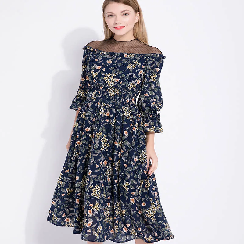 

2018 New Oversized Slim Cover Slim Dresses Long Floral Shamrock Fairy Retro Swing Pinup Pleated Dress Sweet Womens Print Dresses