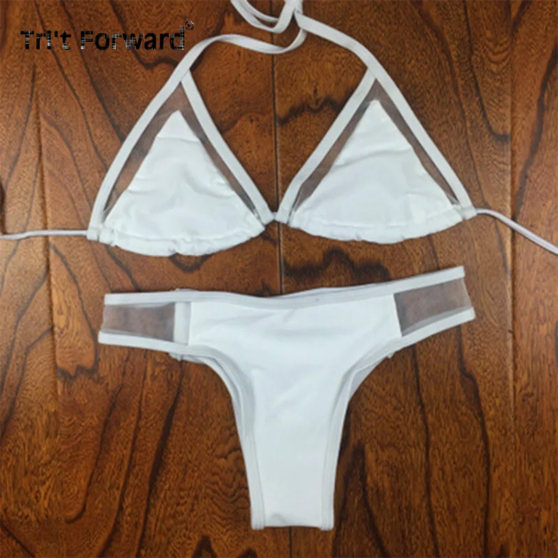 Summer Hot Deep V Bikini White Pure Color Swimwear Women Super Sexy